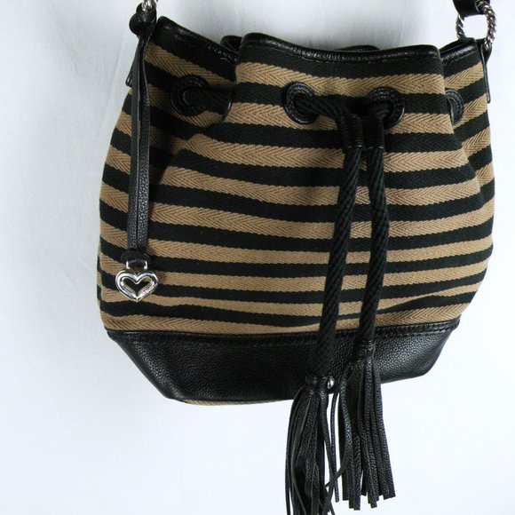 RARE Brighton Alder Black & Taupe Striped Leather Tassel Shoulder Crossbody Bag - Picture 3 of 10